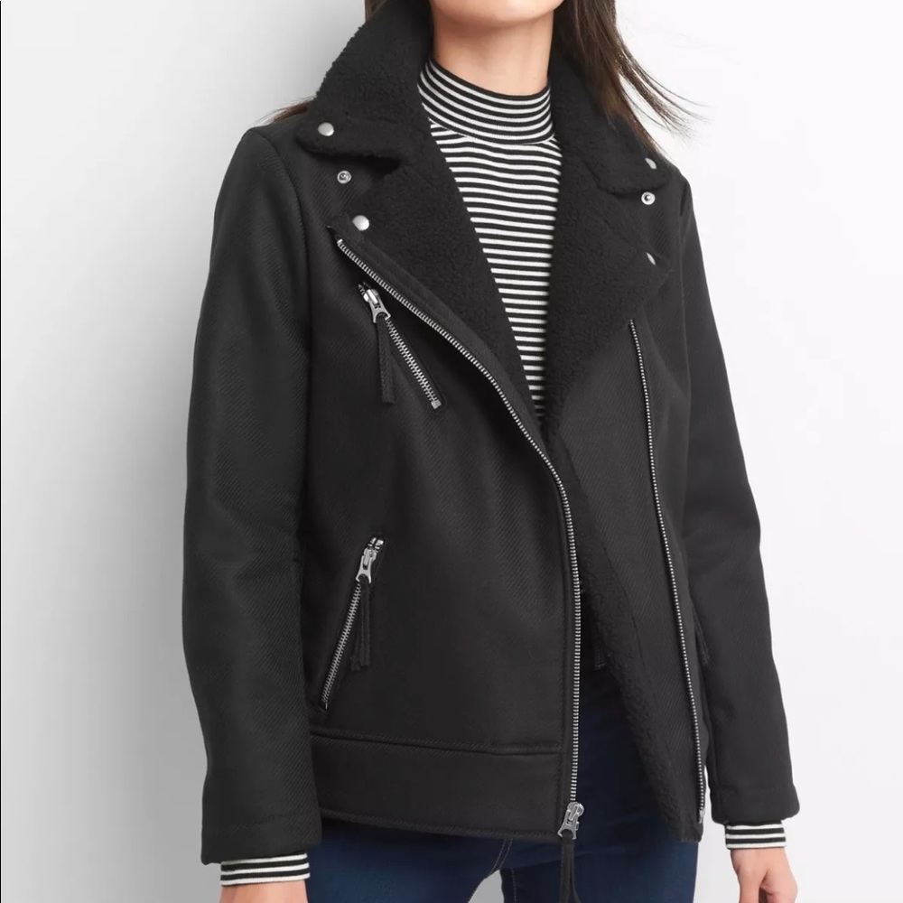 GAP Black Moto Sherpa-Lined Jacket